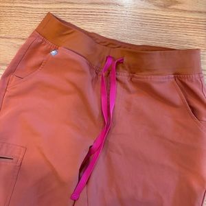 Figs Women's Rust Orange Scrub Pants with Pink Drawstring